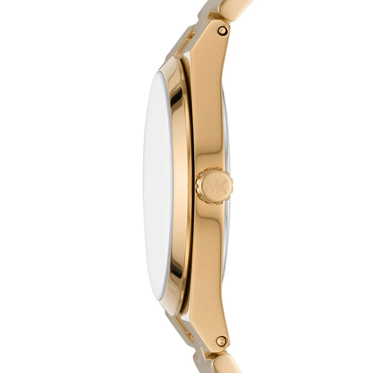 Michael Kors Channing MK6623 side profile showing round gold case with crown and metal bracelet