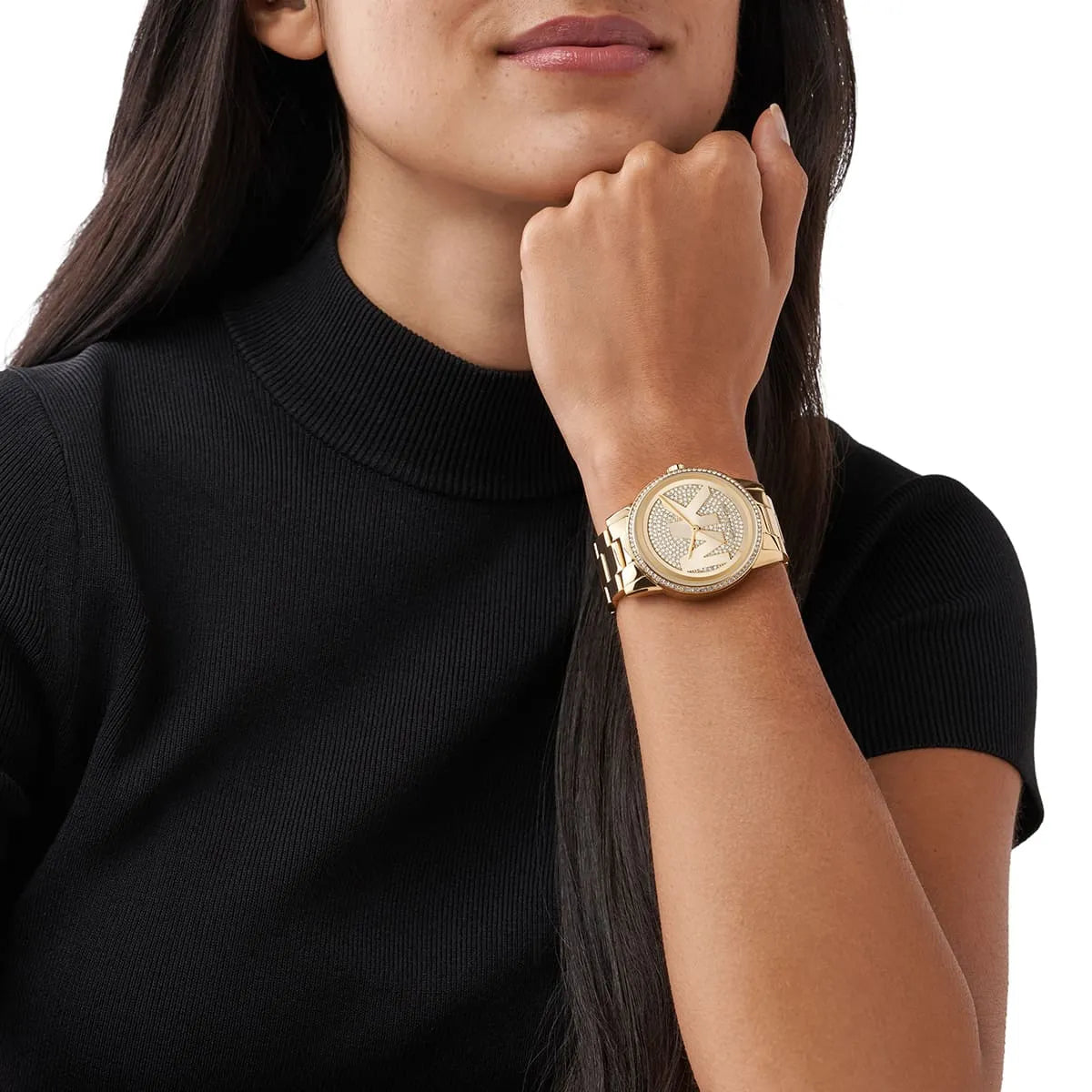 Michael Kors Ritz MK6862 gold-tone women's watch worn on wrist with crystal pave dial