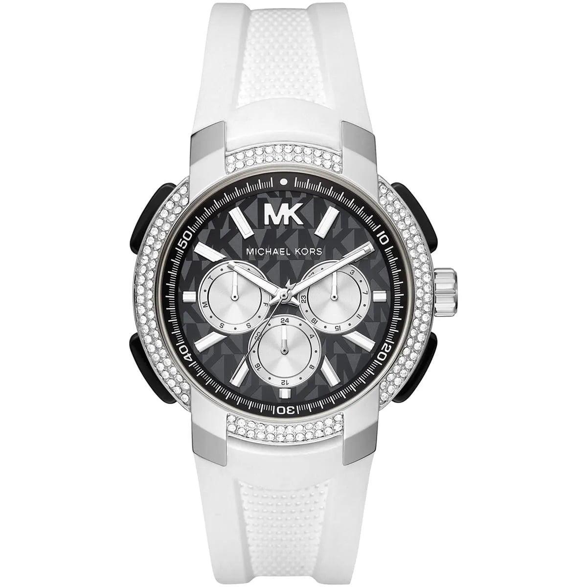 Michael Kors Sidney Multifunction Black Dial White Silicone Strap Women's Watch - MK6947