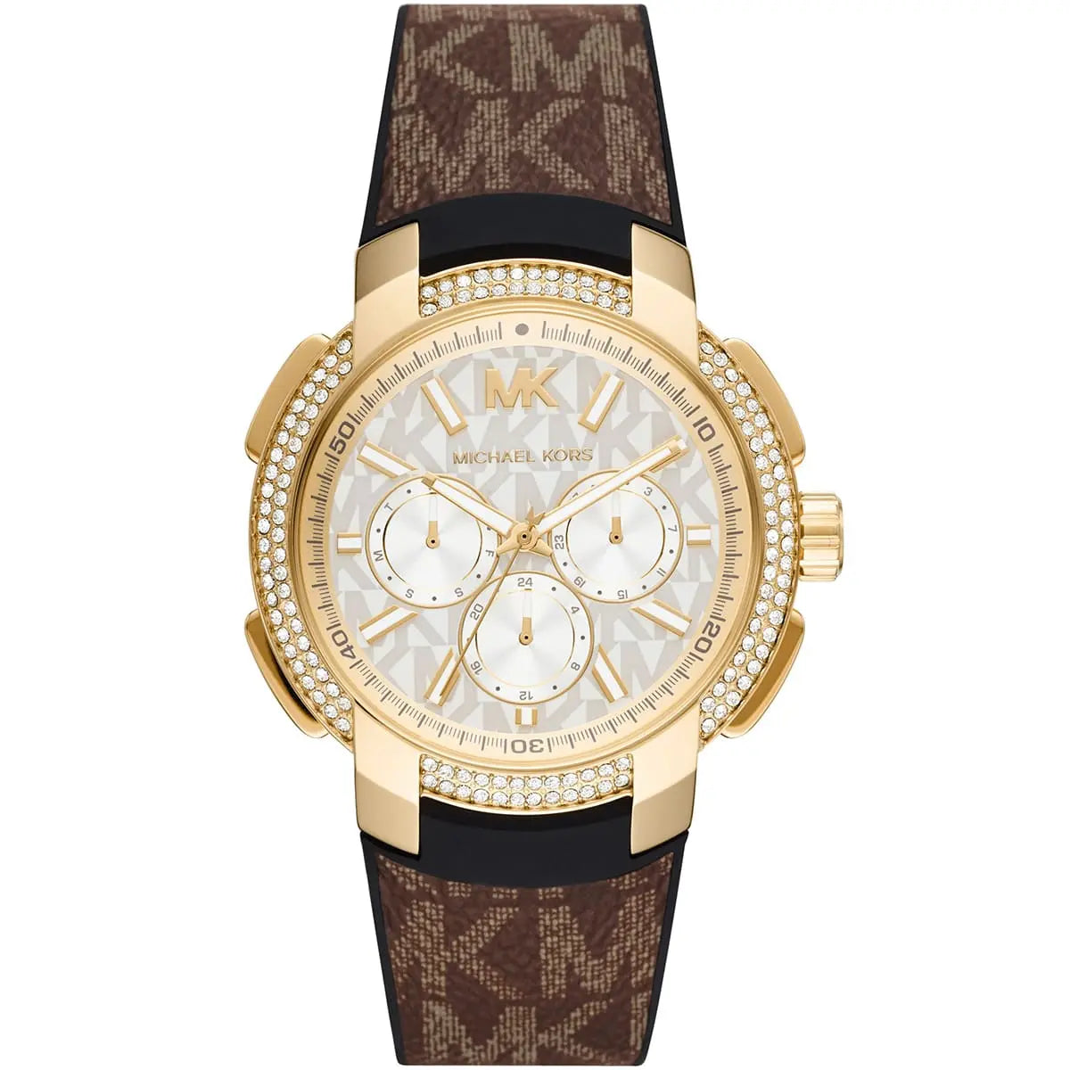 Michael Kors Sidney Logo Pattern Dial Brown Genuine Leather Women's Watch- MK6948