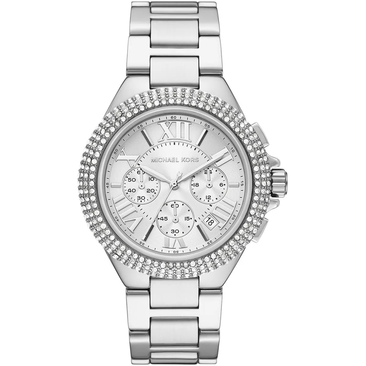 Michael Kors Camille MK6993 silver-tone women's chronograph watch with crystal pavé bezel