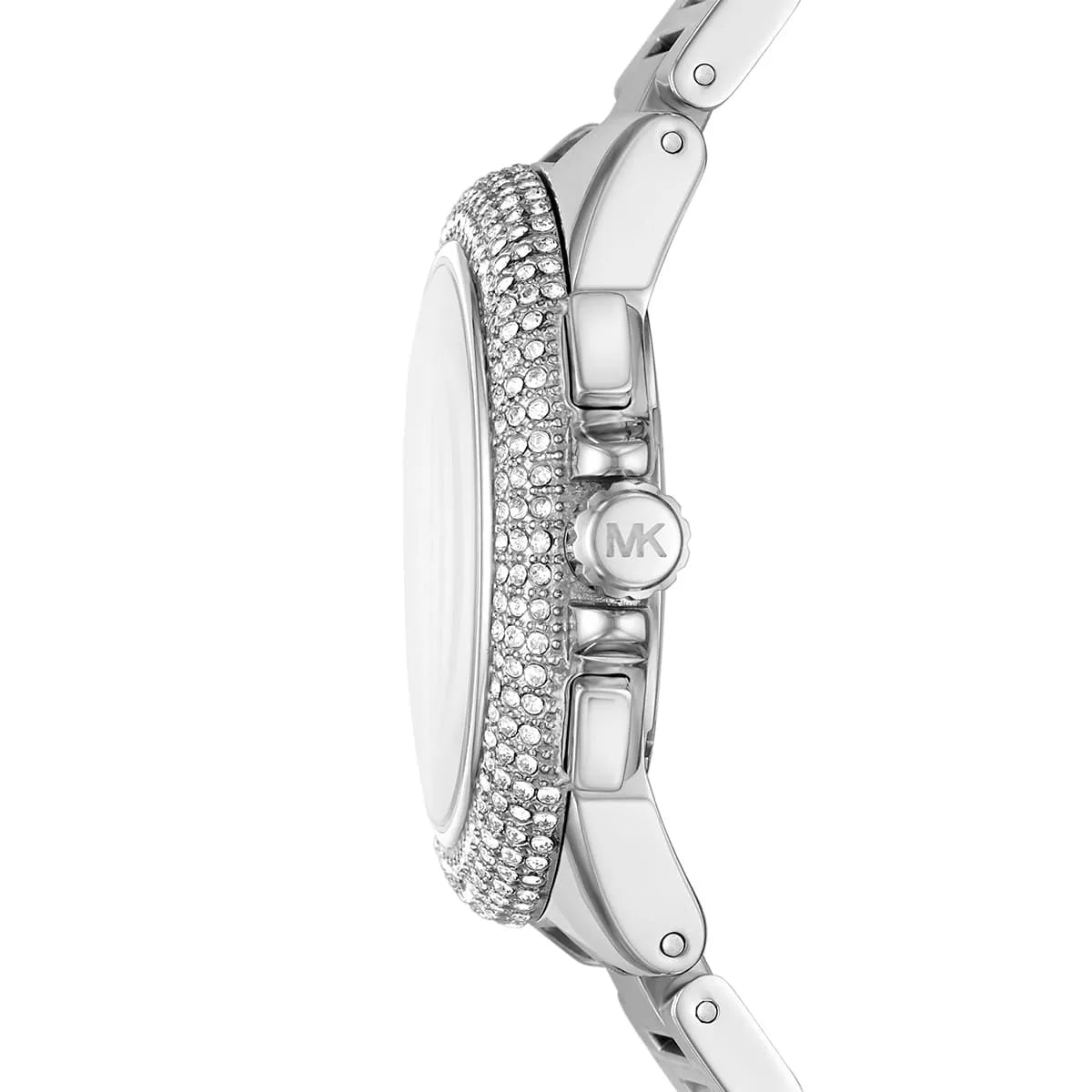 Michael Kors Camille MK6993 side profile showing crystal-studded bezel and stainless steel bracelet