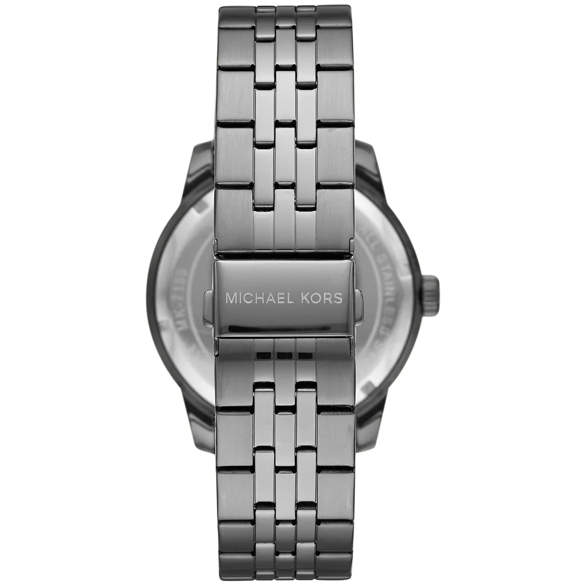 Caseback of Michael Kors MK7155 showing gunmetal stainless steel bracelet and Michael Kors engraving