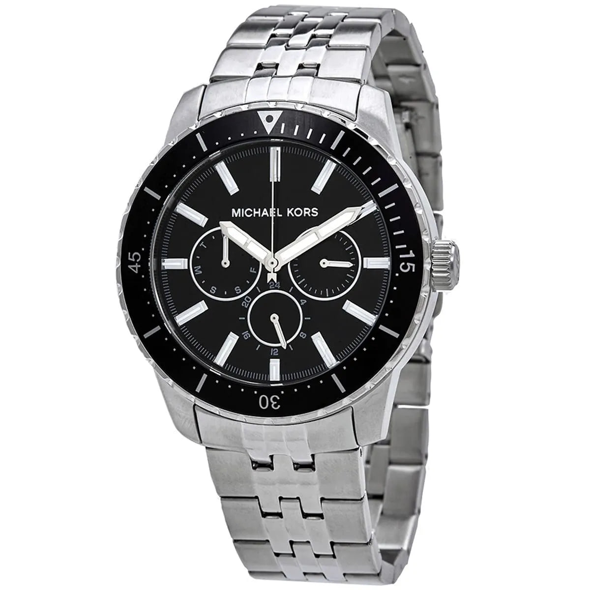 Michael Kors Cunningham multifunction watch angled view showing black dial and three subdials