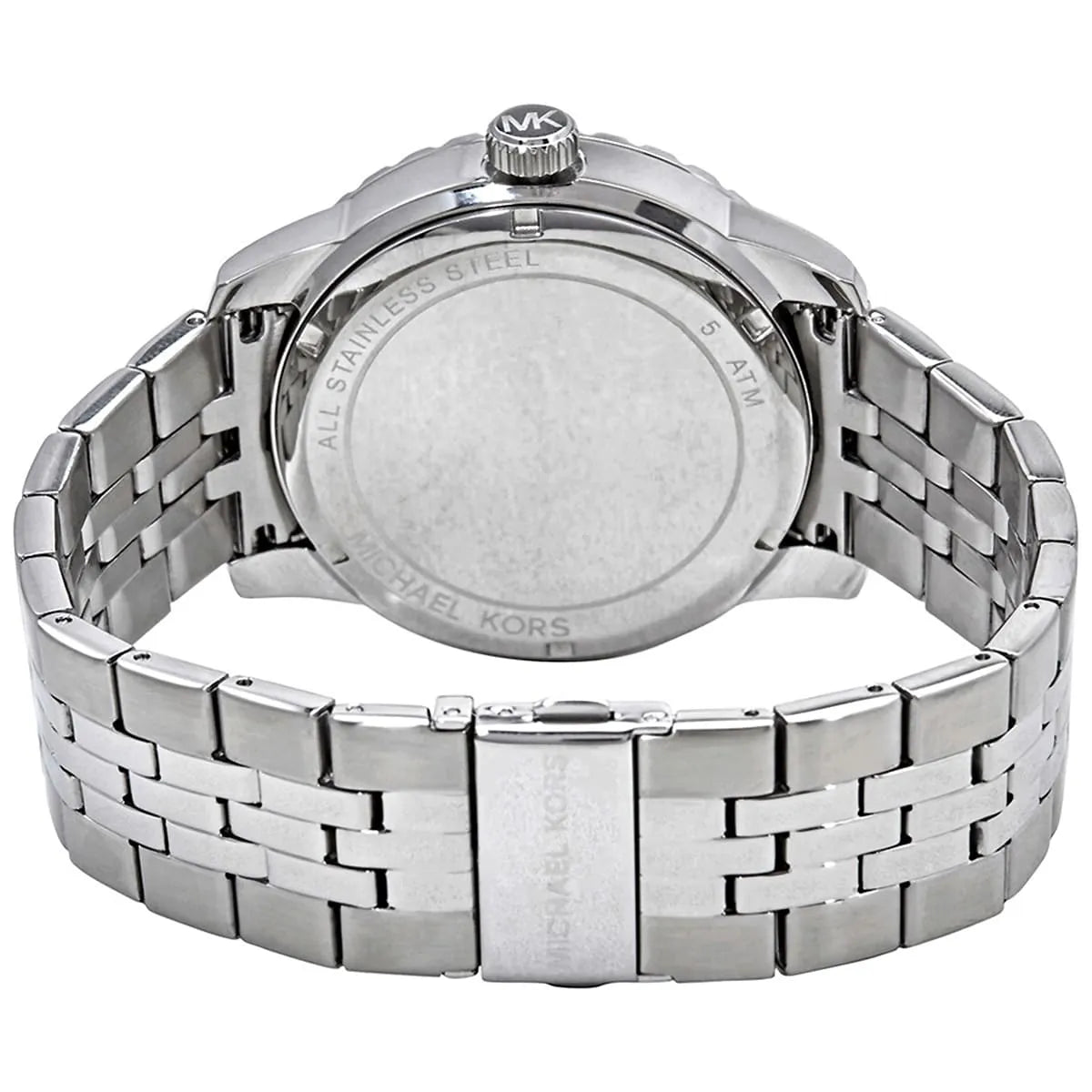 Michael Kors Cunningham watch caseback with engraved Michael Kors branding and stainless steel link bracelet