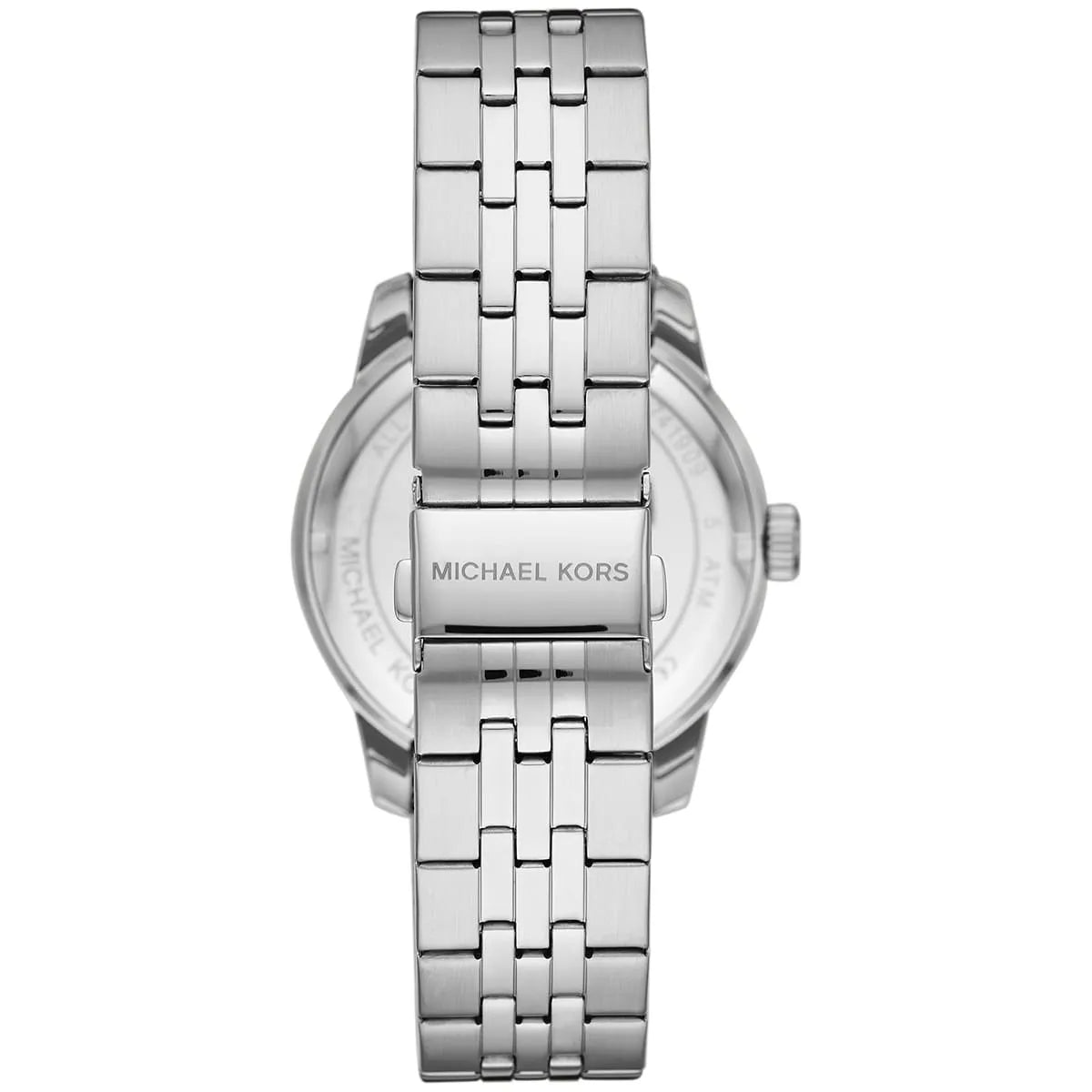 Michael Kors Cunningham watch caseback showing MK logo medallion on silver stainless steel