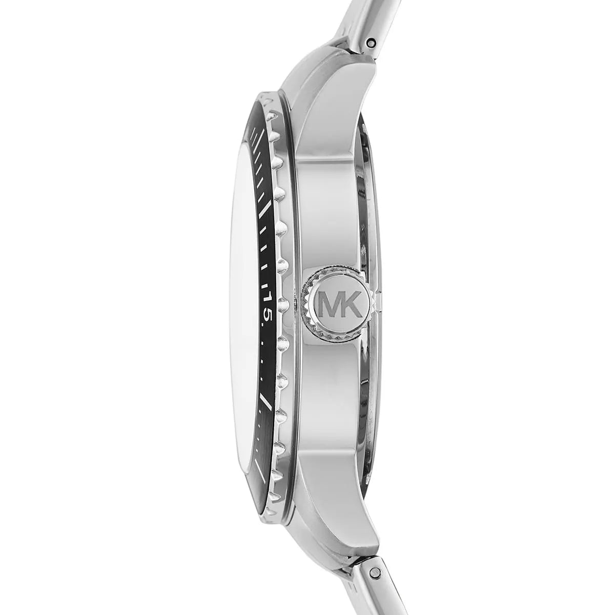 Michael Kors Cunningham watch side view showing case depth and silver metal bracelet links