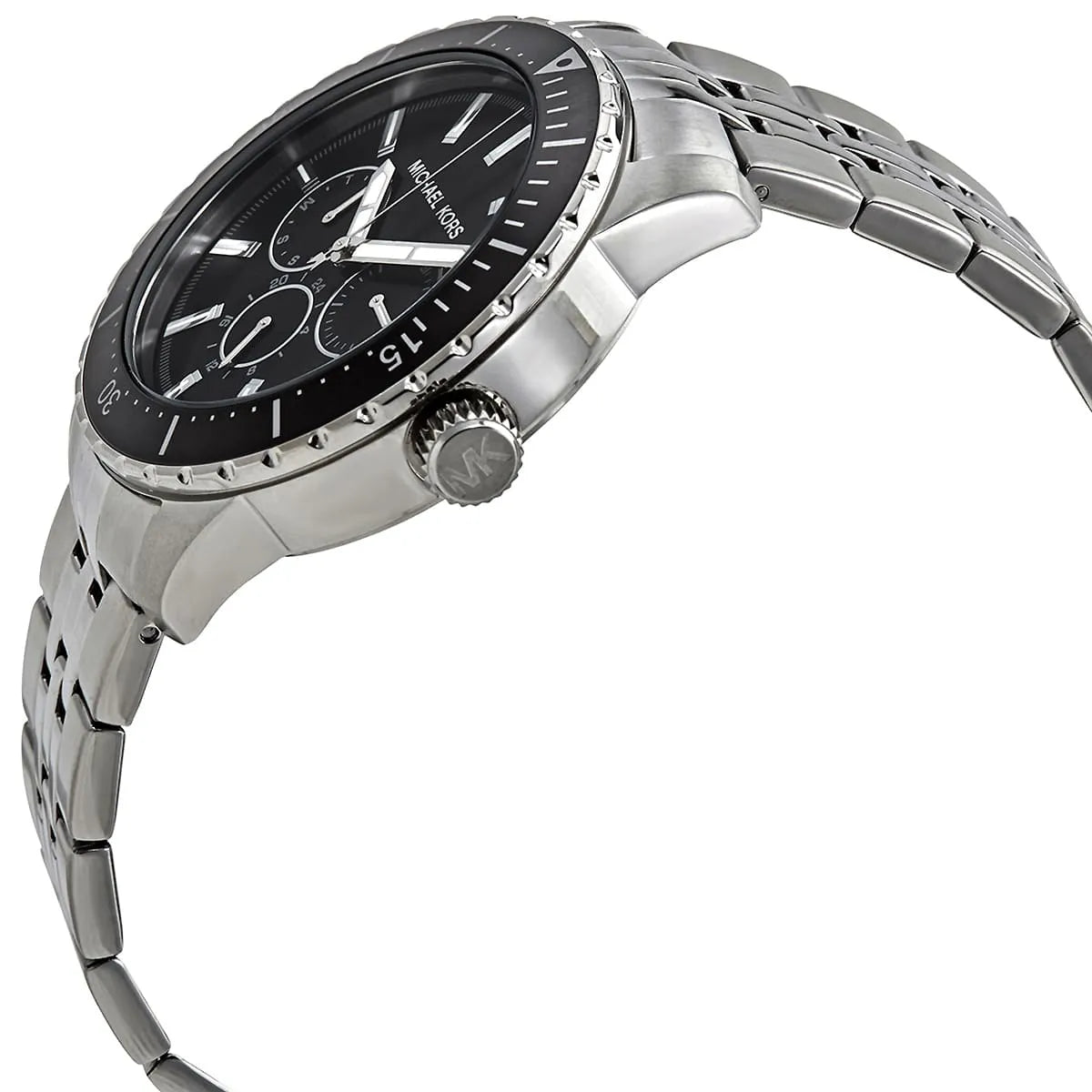 Michael Kors Cunningham watch side profile showing silver stainless steel case and strap
