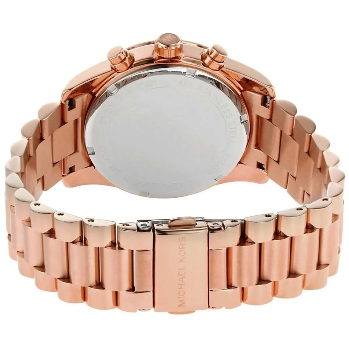 Michael Kors Lexington caseback with engraved logo and rose-gold metal bracelet