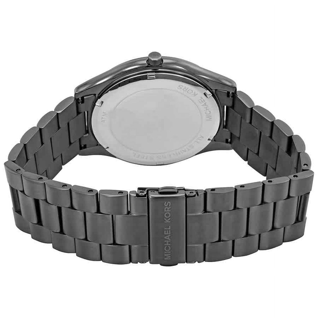 Michael Kors MK8584 watch caseback showing gunmetal stainless steel bracelet from back view