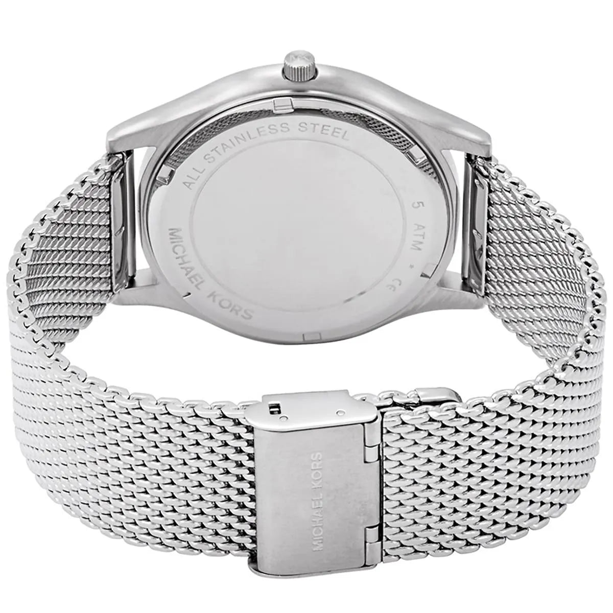 Michael Kors Slim Runway watch caseback showing stainless steel and engraved details