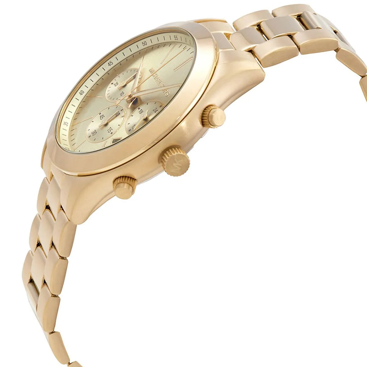 Side profile of Michael Kors MK8909 gold chronograph watch with metal bracelet