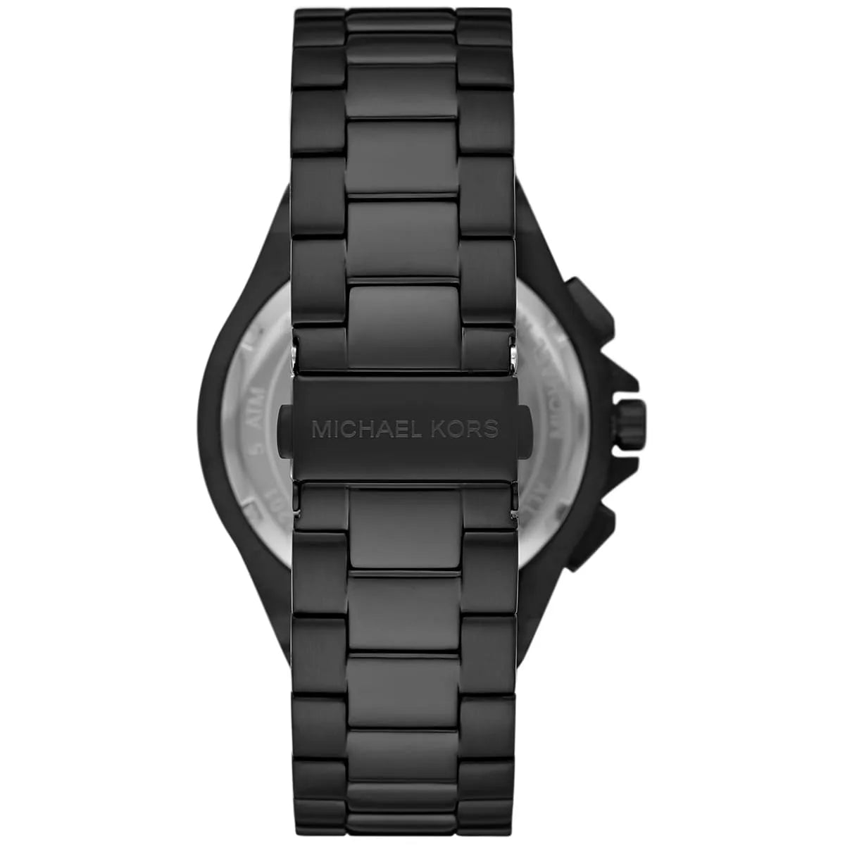Michael Kors Lennox watch caseback showing stainless steel with brand marking and black metal strap