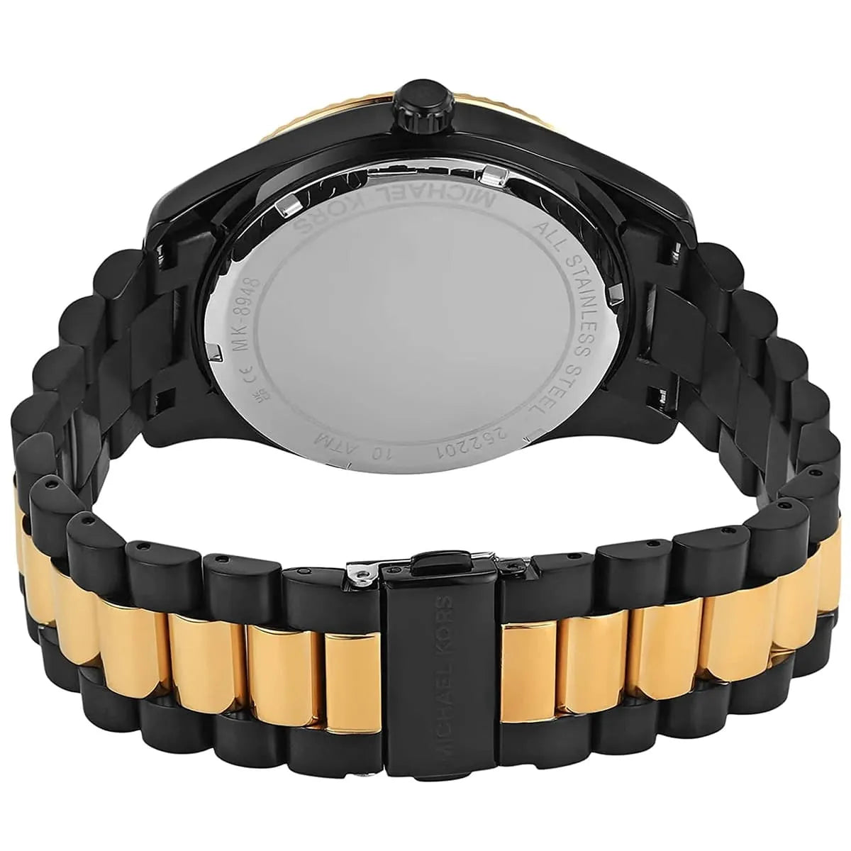Michael Kors Lexington watch back view showing two-tone bracelet and case closure