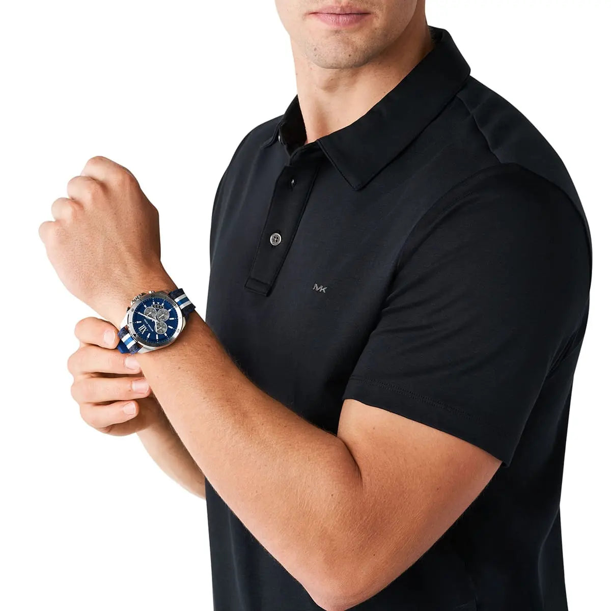 Michael Kors Brecken chronograph navy watch worn on wrist