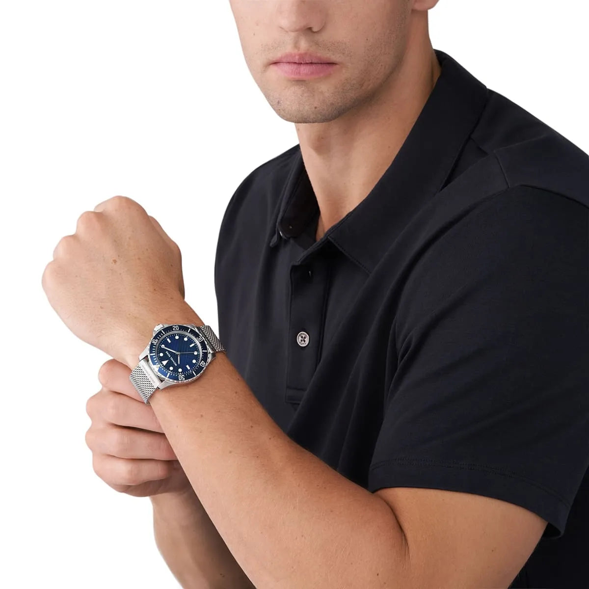Michael Kors Everest men's watch worn on wrist with blue dial visible