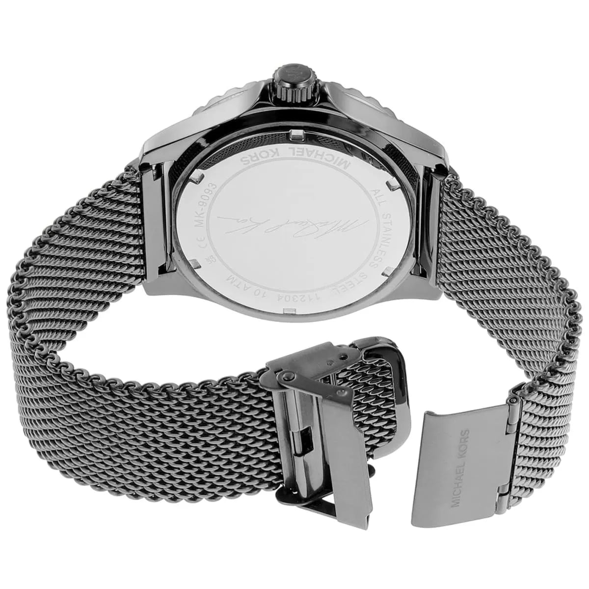 Michael Kors Everest gunmetal watch caseback view showing mesh strap attachment