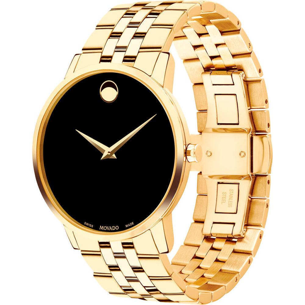 Movado Museum Black Dial Gold Steel Strap Watch For Gents - 606997