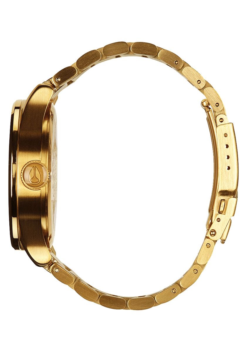 Nixon Sentry A356-502 gold-tone stainless steel bracelet with adjustable links, side angle view