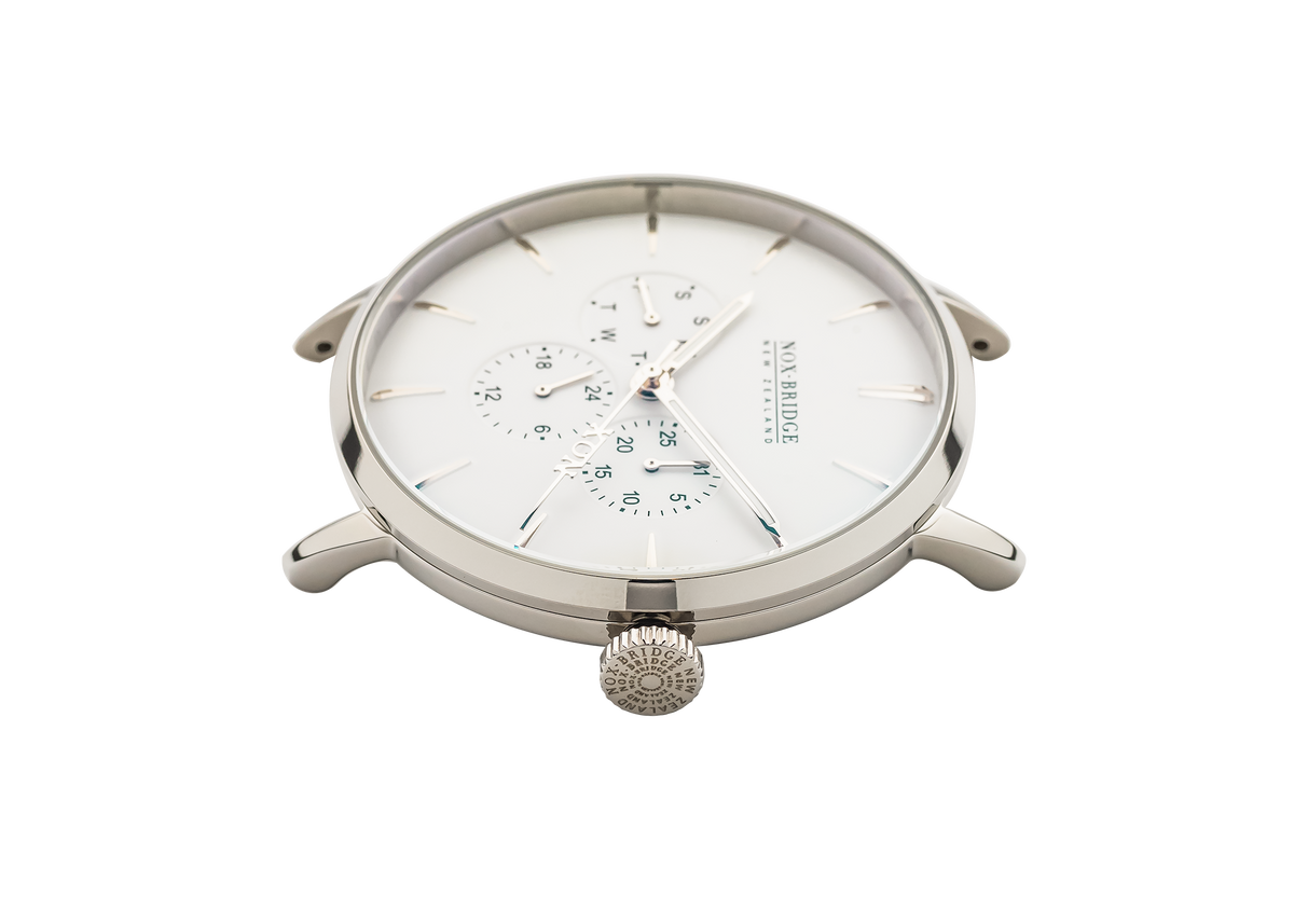 Noxbridge Alcyone 36MM watch from angled perspective showing case and dial details