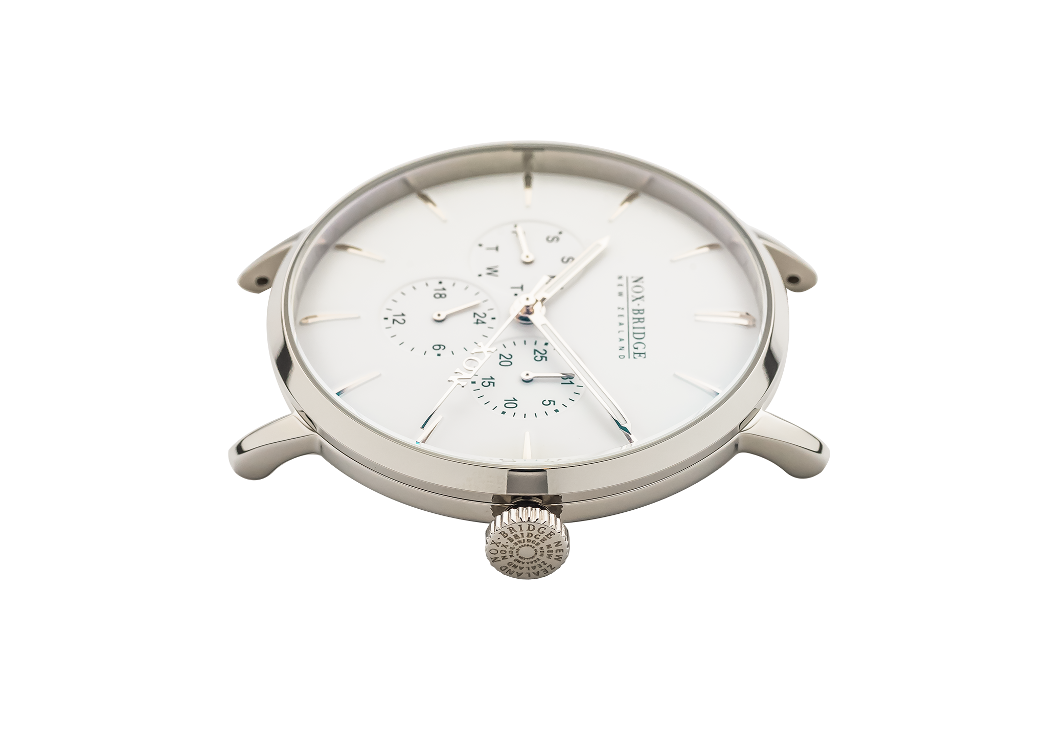 Angled view of Noxbridge Classic Capella silver watch with white dial and dual subdials