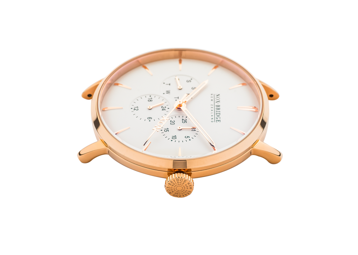 Noxbridge Classic Izar 36MM rose gold chronograph watch viewed from above showing full case and dial