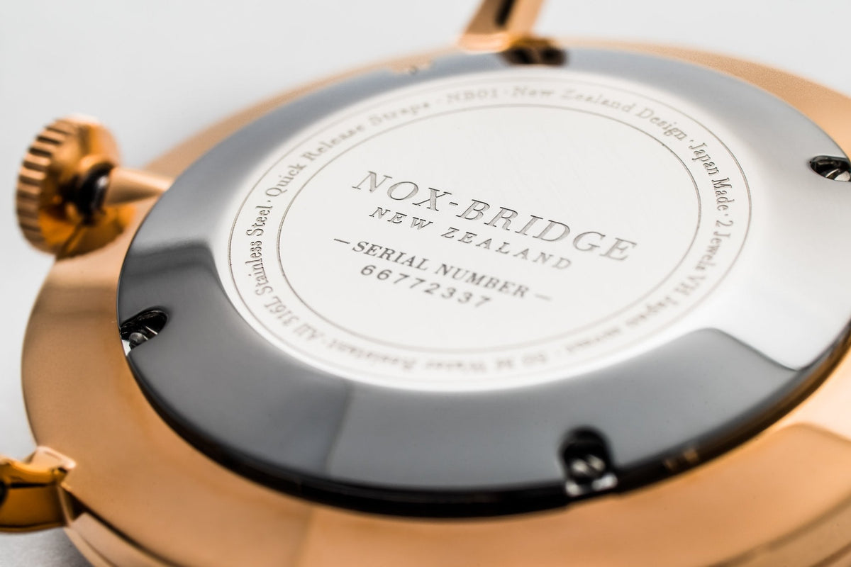 Caseback of Noxbridge Classic Izar showing serial number and watch specifications