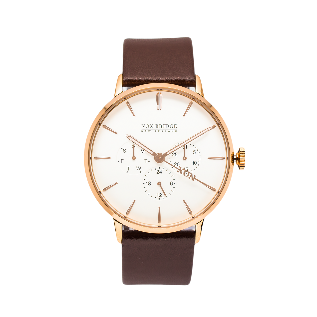 Noxbridge Classic Izar rose gold 41mm watch with cream dial and brown leather strap