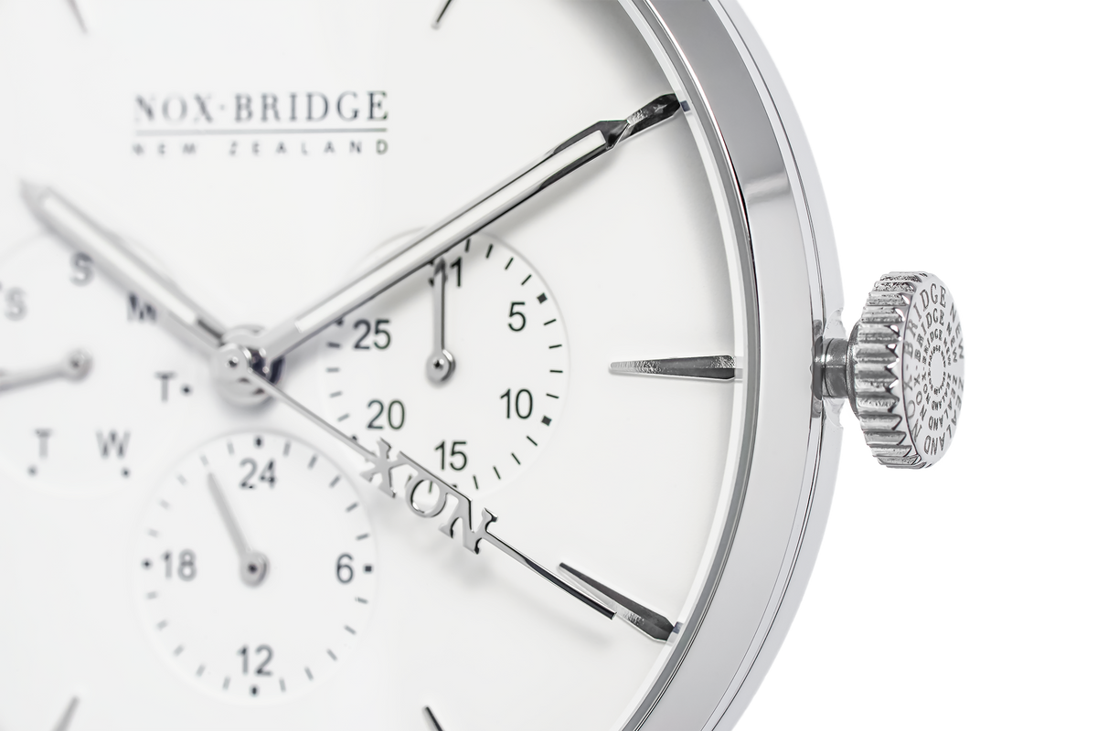 Close-up of Meissa watch subdial chronograph and crown detail