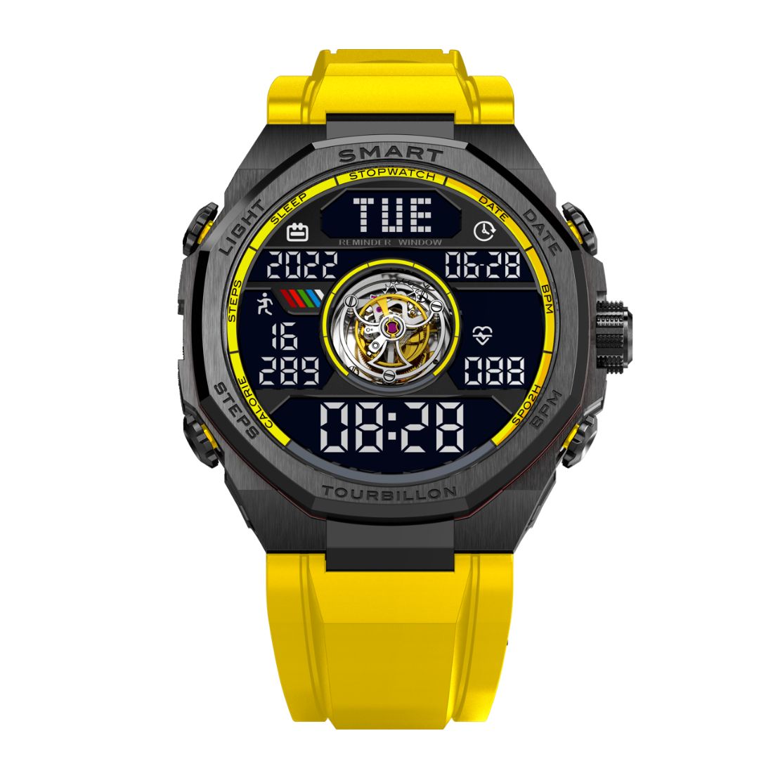 Noxbridge Smart Tourbillon Skyway men's watch with yellow strap, black case, and digital display featuring visible tourbillon