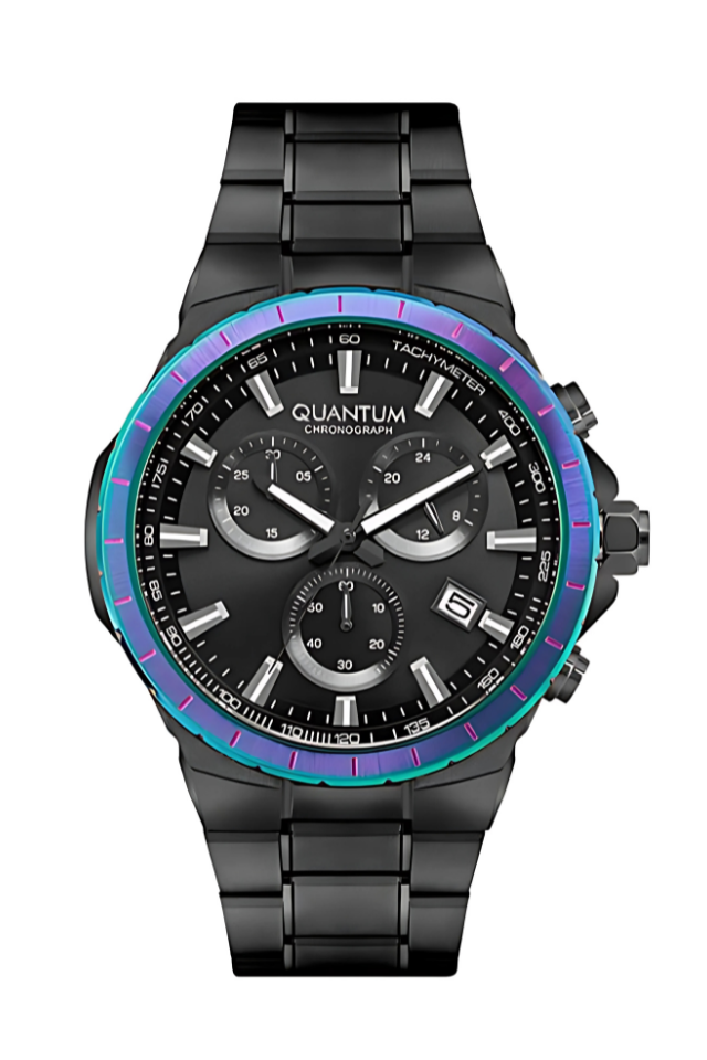 Quantum All Black Multifunction Date Watch with black dial, iridescent blue-purple bezel, and metal strap