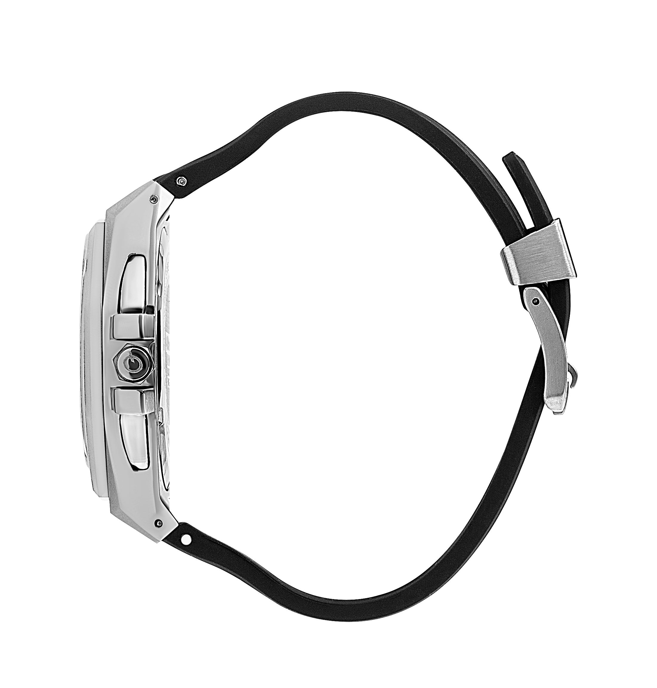 Side view of Quantum watch with black silicone strap and stainless steel case
