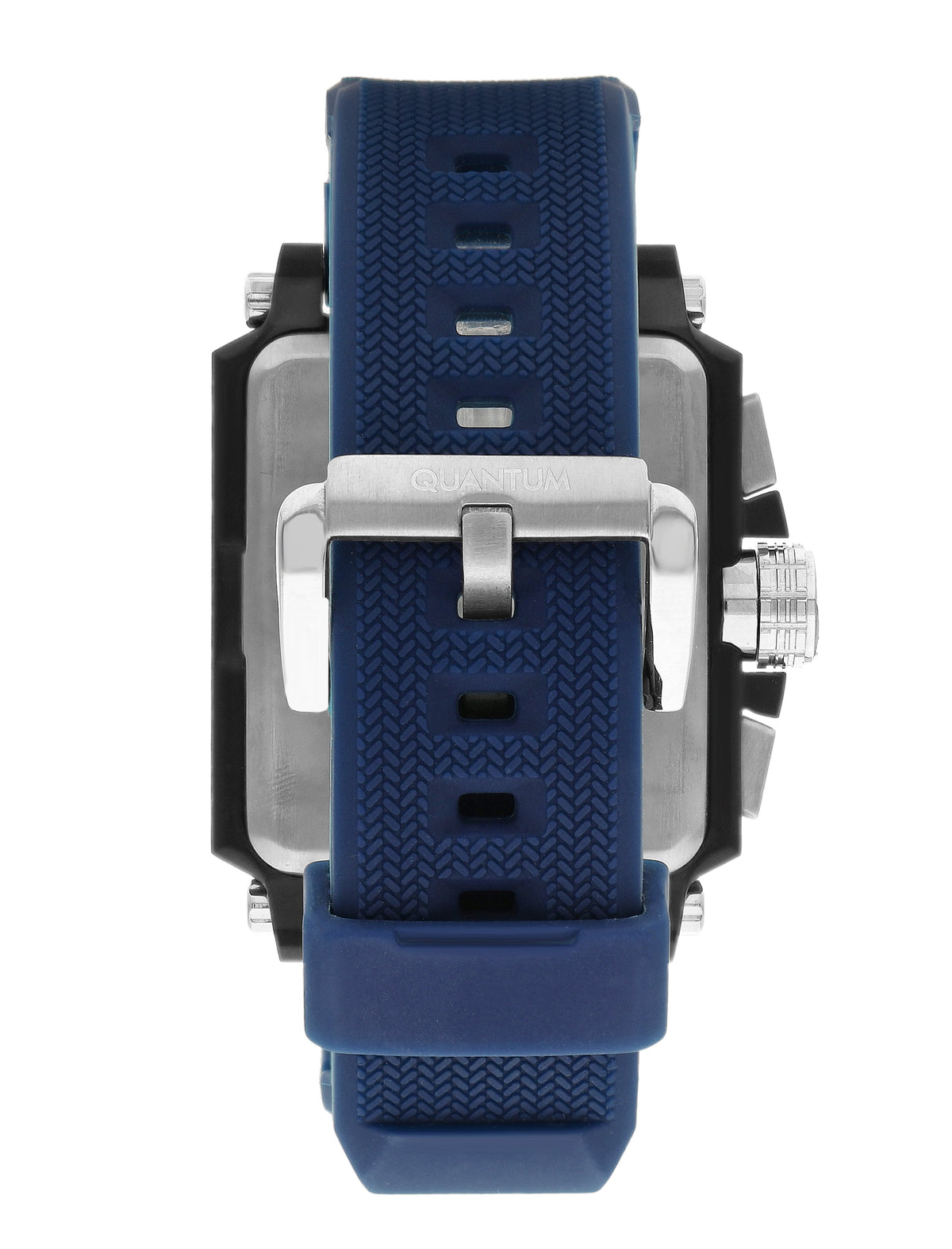 Blue silicone strap with textured finish and metal buckle clasp on Quantum HNG969 watch