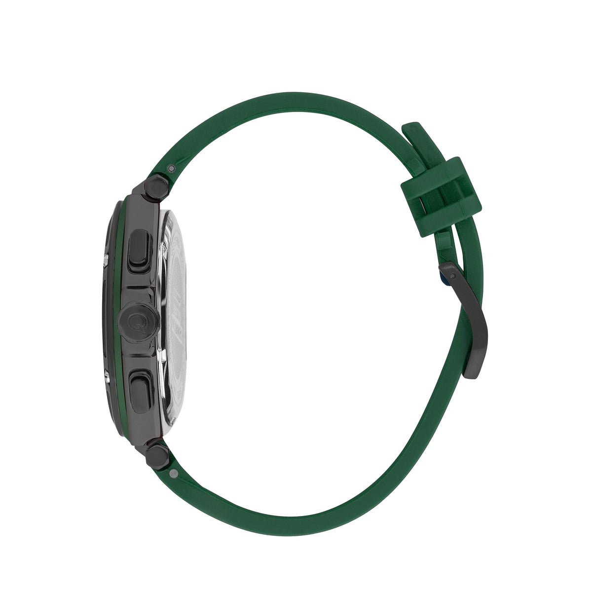 Quantum Hunter watch side view showing green silicone strap and gray case profile