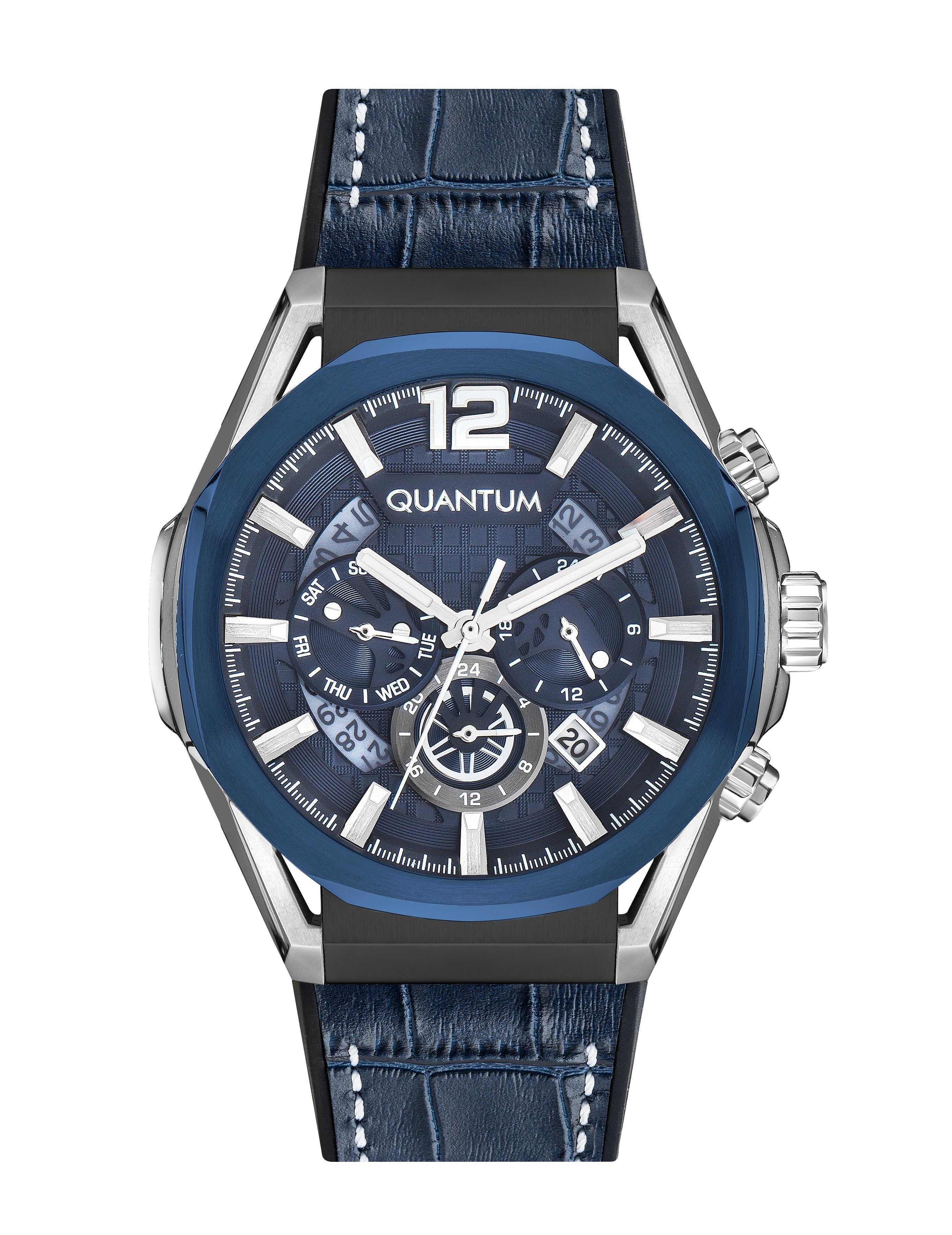 Quantum Powertech Blue Dial Blue Leather Chronograph Silver Case Watch PWG970.699