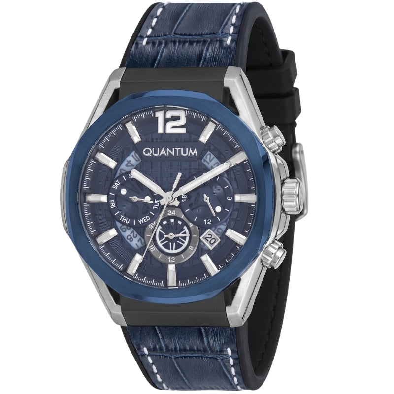 Quantum Powertech Blue Dial Blue Leather Chronograph Silver Case Watch PWG970.699