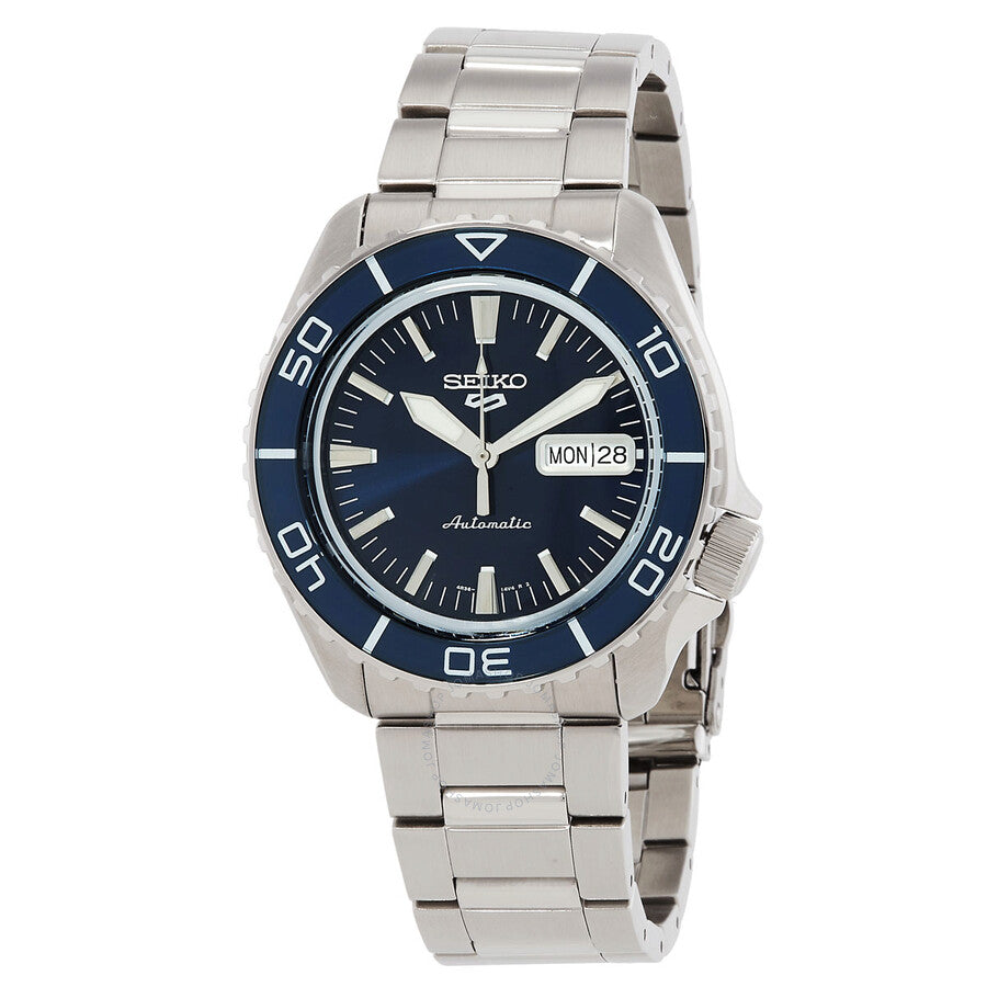 Seiko 5 Sports SKX automatic watch with blue dial, day-date window and steel bracelet