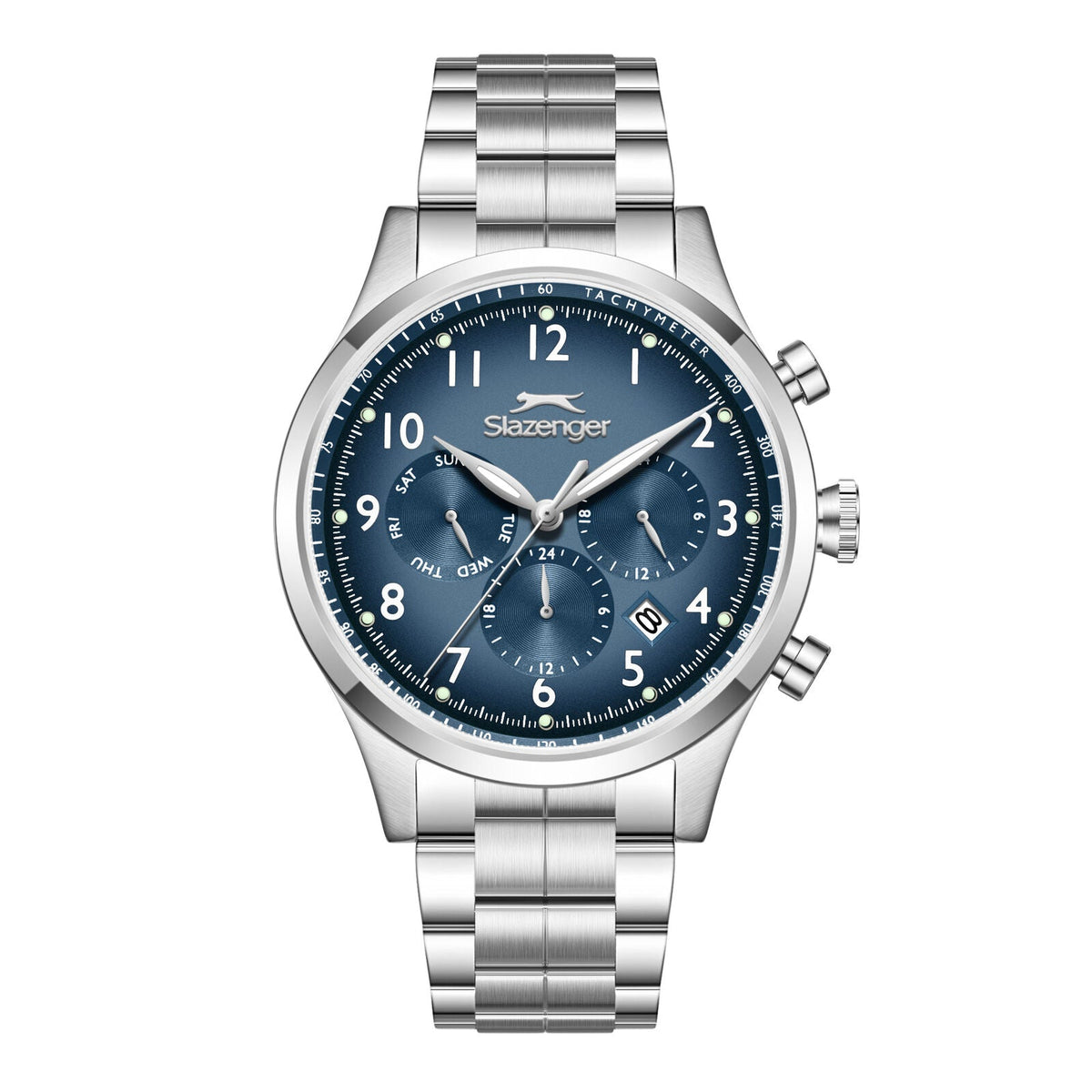 Slazenger Big Daddy chronograph watch with blue dial and silver steel bracelet