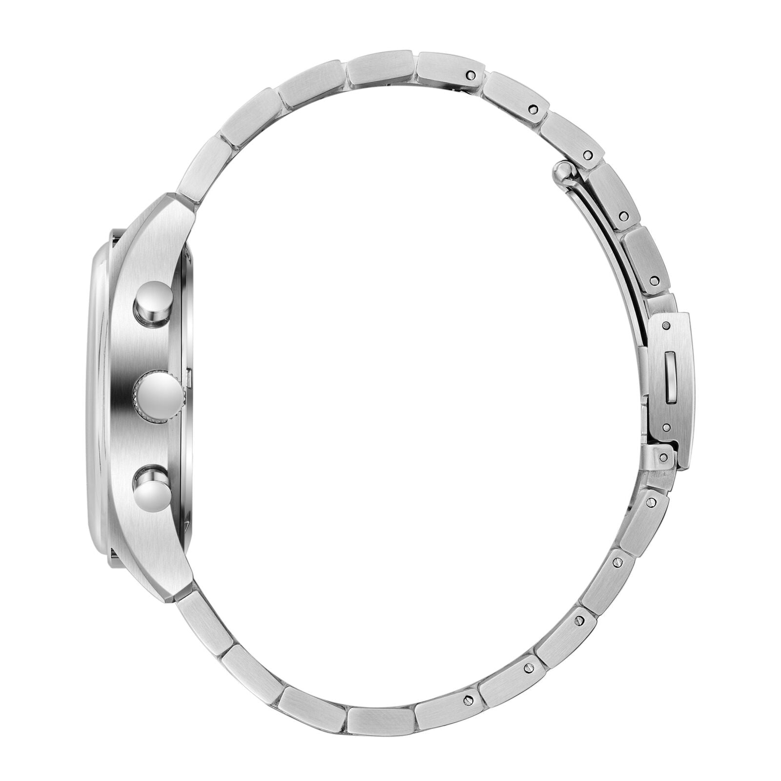 Side view of silver-tone chronograph watch with pushers and polished metal bracelet
