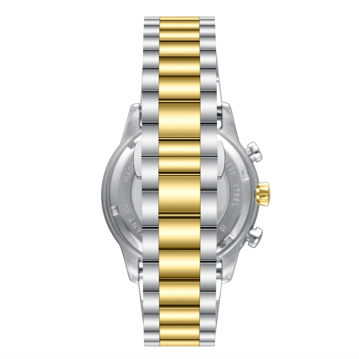 Caseback view of Slazenger dual time watch with two-tone silver and gold stainless steel bracelet