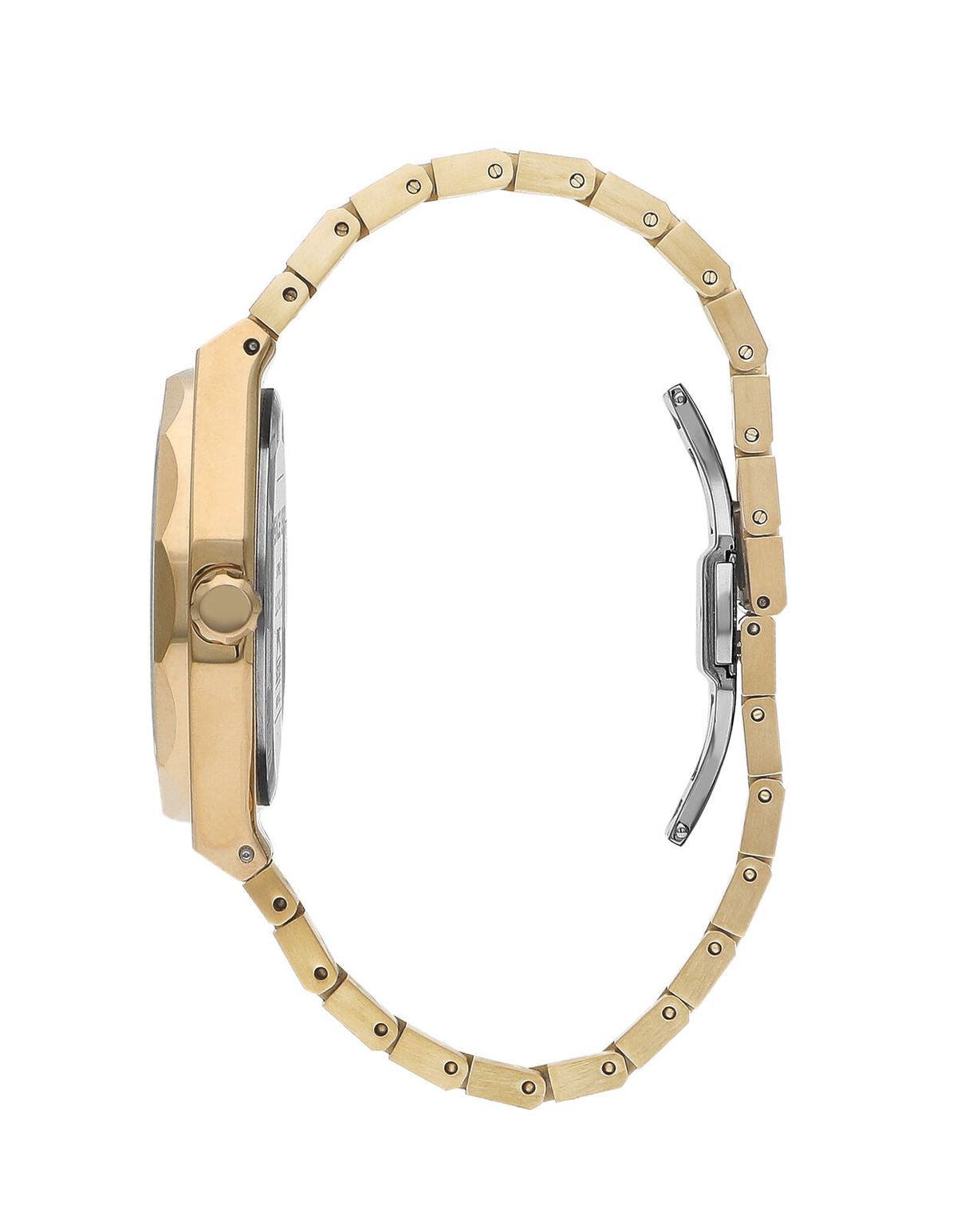 Side view of Slazenger gold watch showing octagonal case profile and full gold link bracelet
