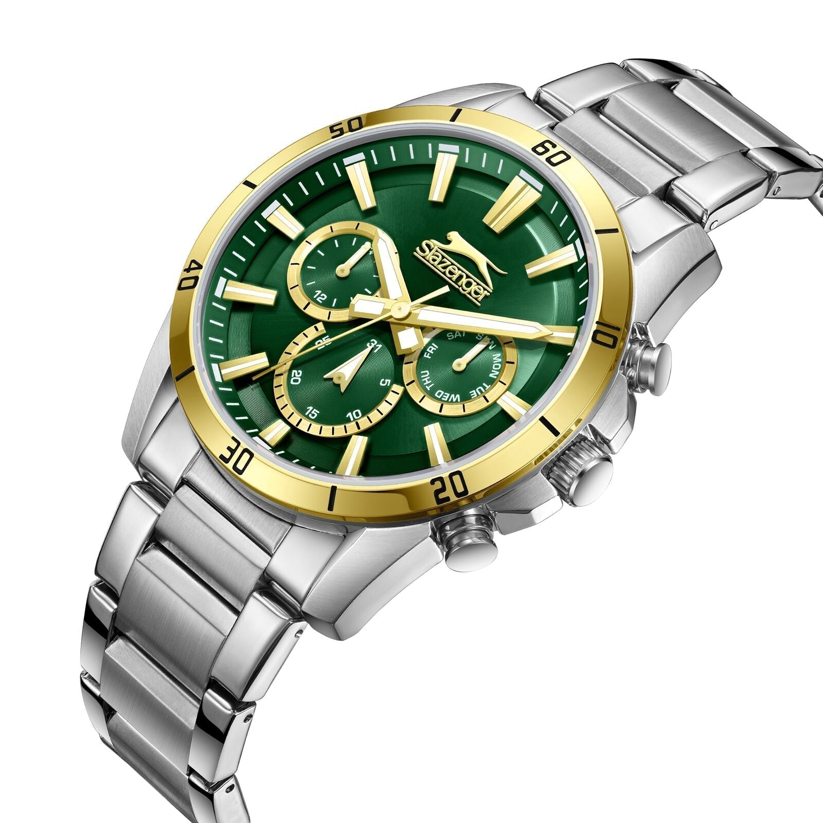 Angled view of Slazenger sport watch showing two-tone stainless steel bracelet and green dial