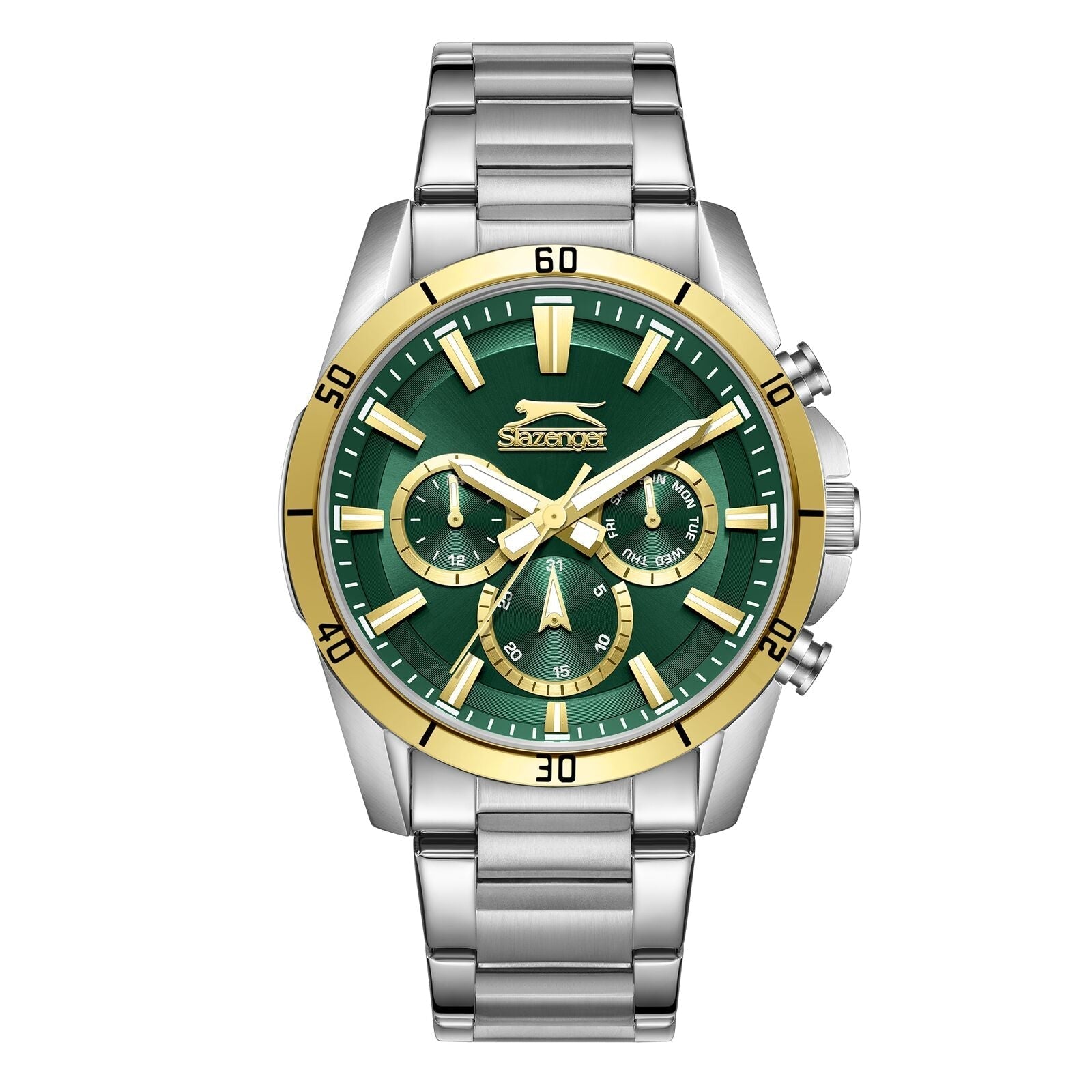 Slazenger two-tone chronograph watch with green dial and gold bezel