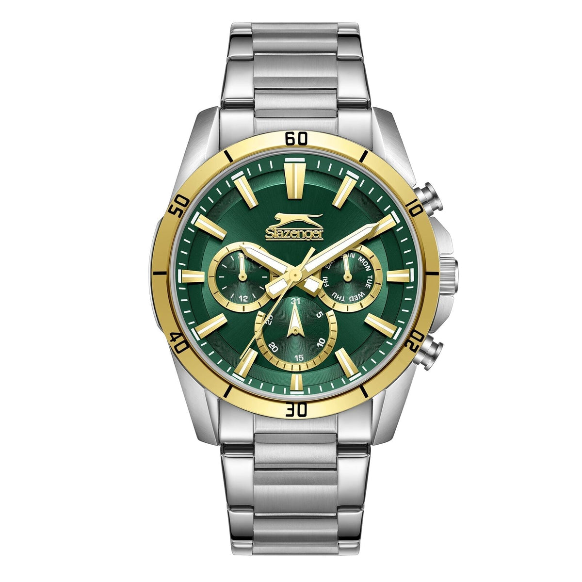 Slazenger two-tone chronograph watch with green dial and gold bezel