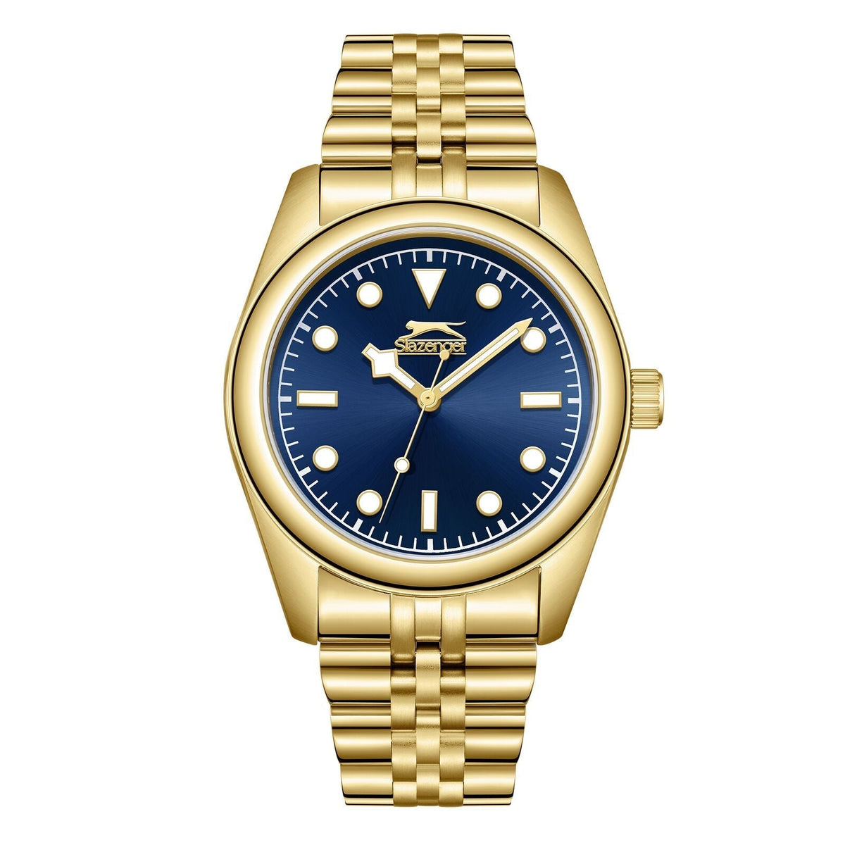 Slazenger gold watch with navy blue dial and three hands, front view