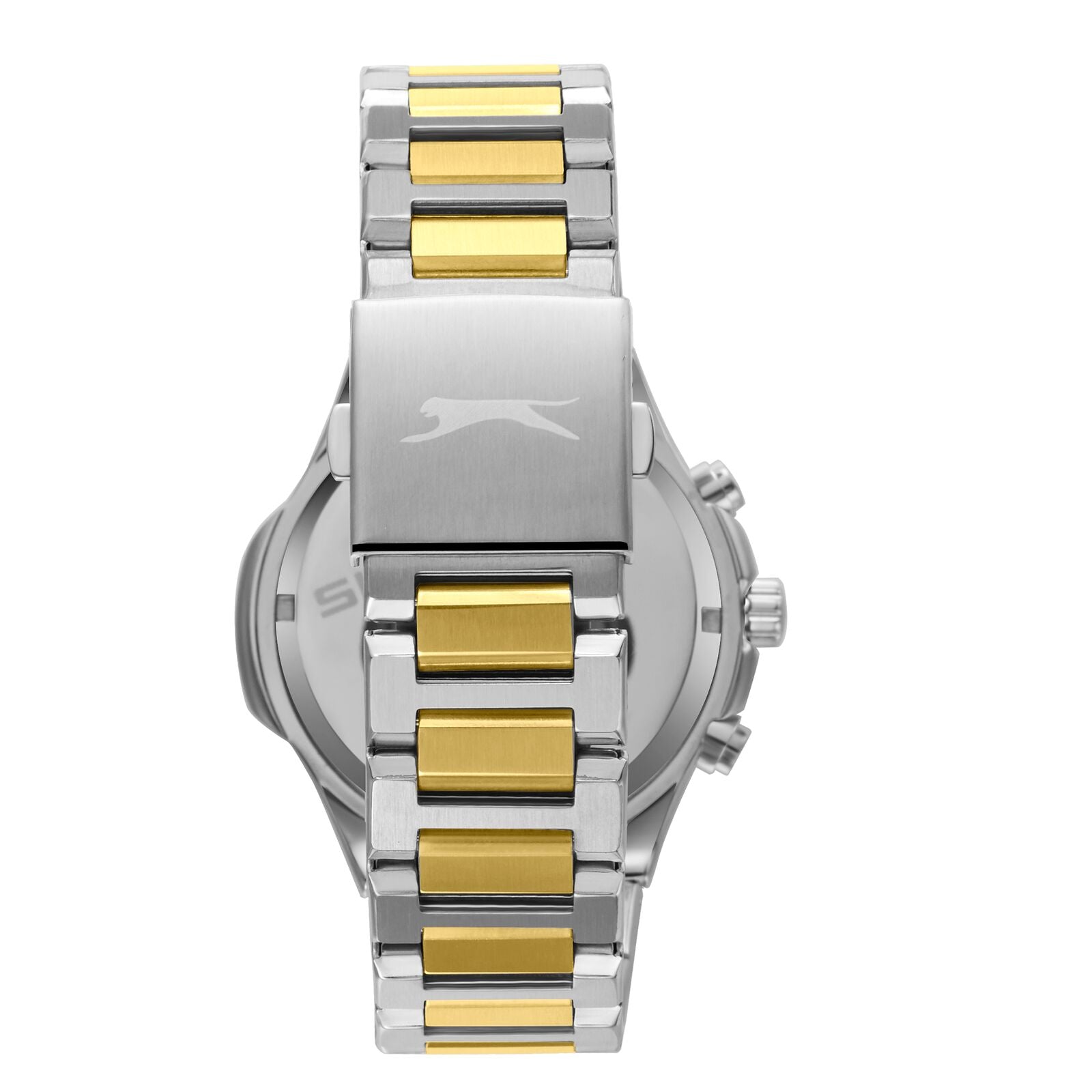 Slazenger watch caseback showing two-tone stainless steel bracelet and Slazenger logo