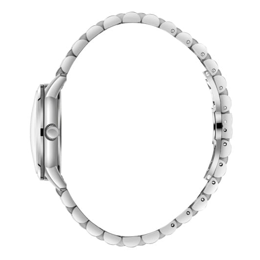 Side view of silver steel bracelet with rounded links