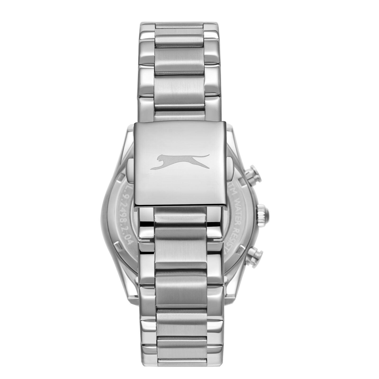 Caseback view of Slazenger Sport watch showing metallic stainless steel bracelet and Slazenger logo