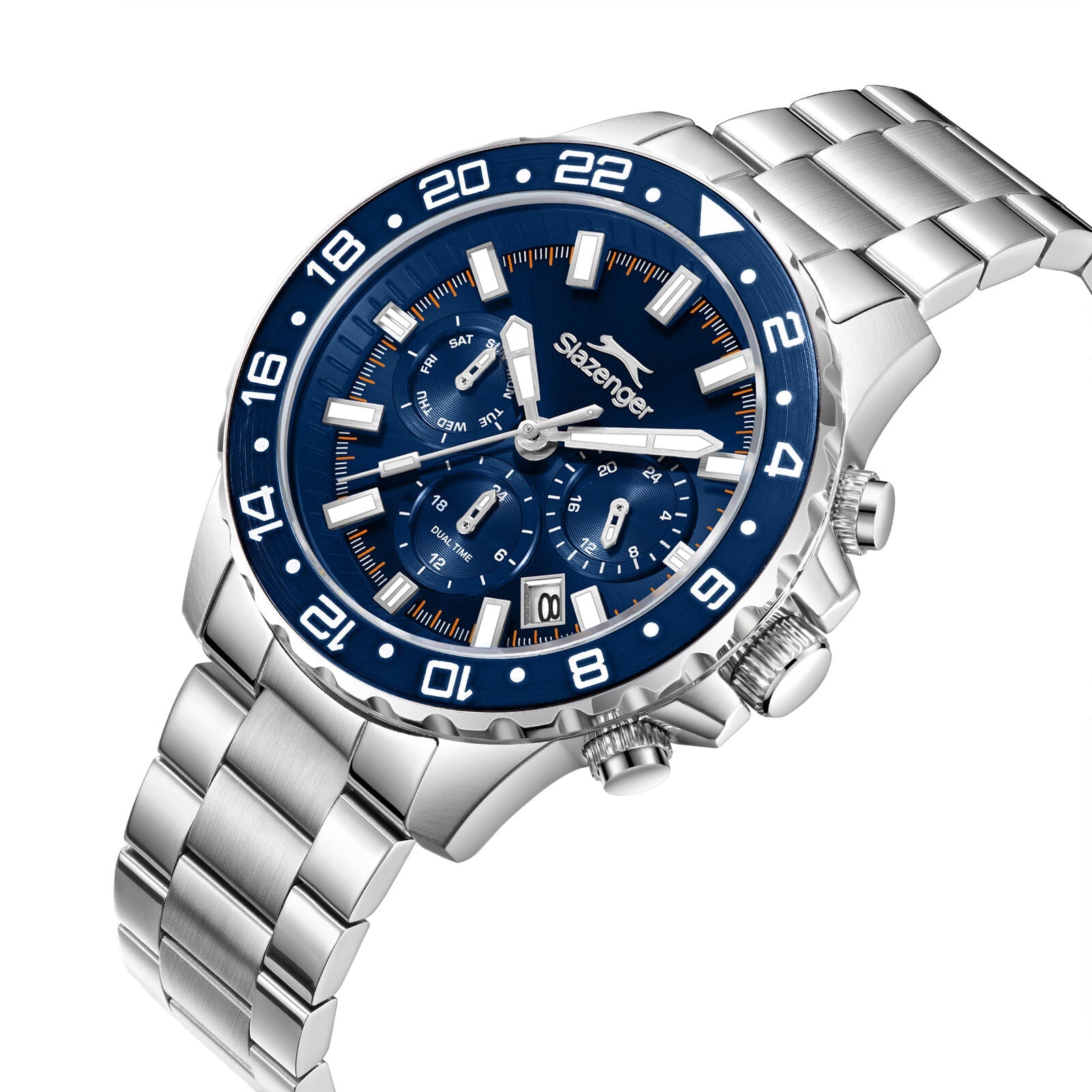 Slazenger chronograph watch with GMT bezel, blue dial, and steel bracelet at angle