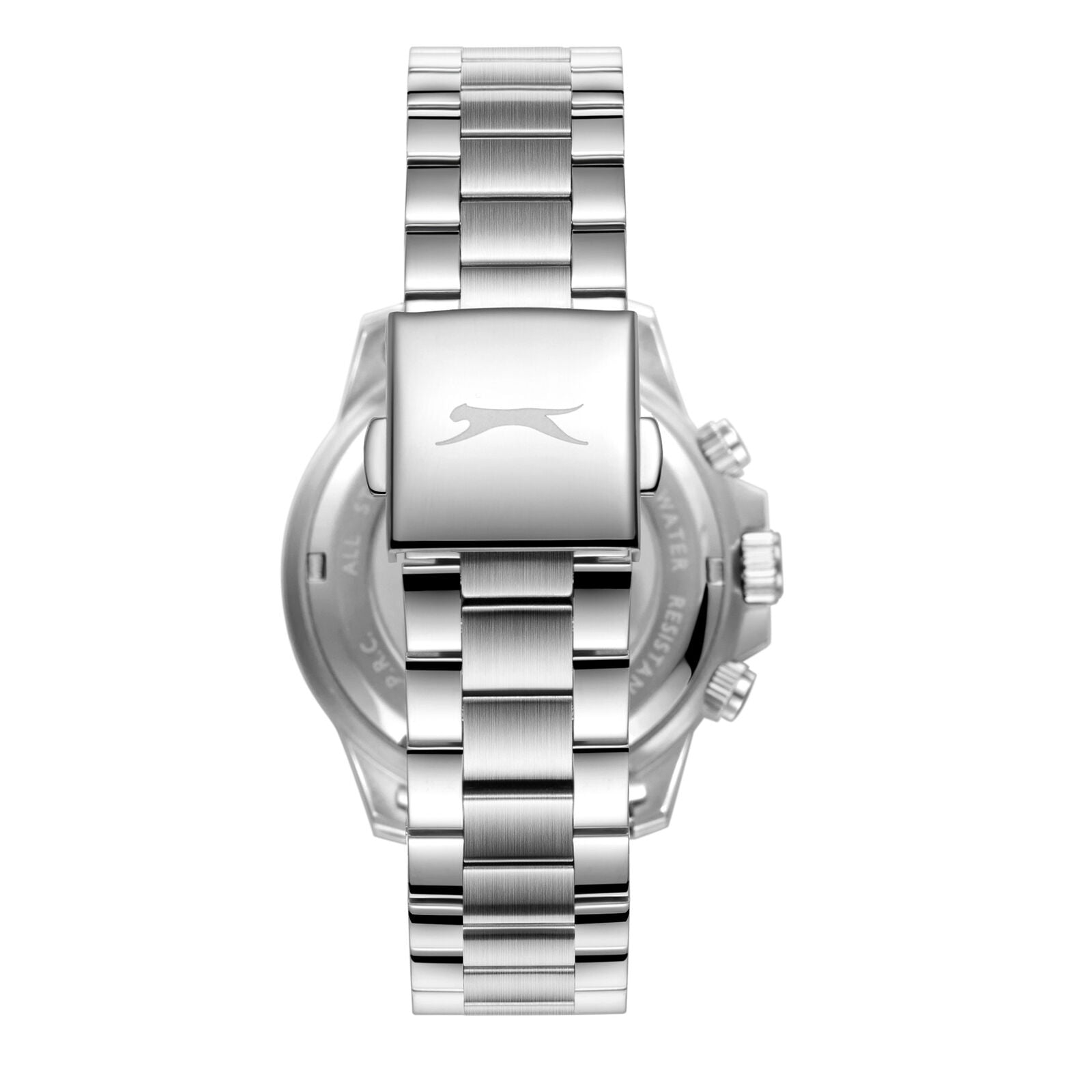 Caseback view of Slazenger watch showing silver stainless steel bracelet and case
